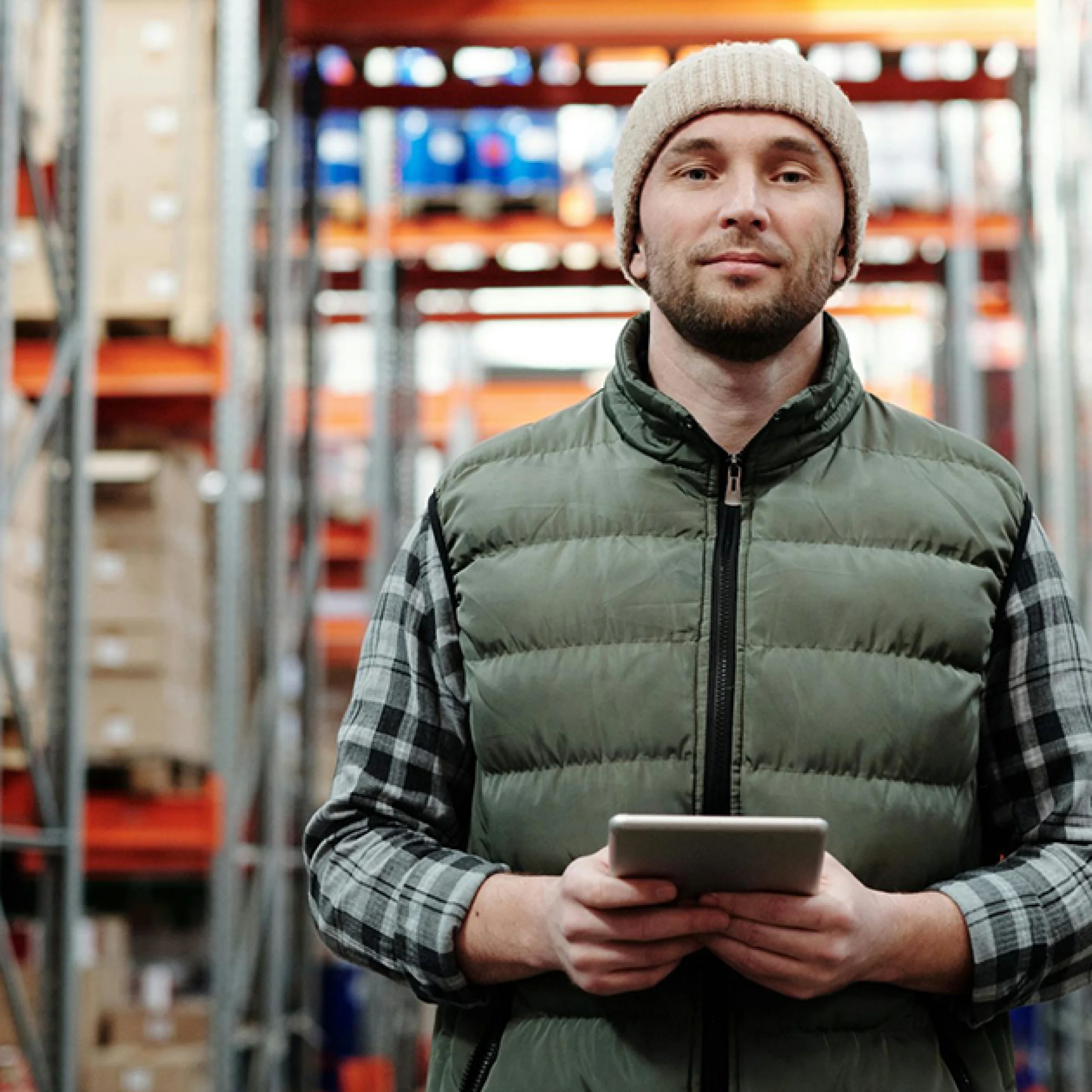 a man standing in warehouse with tablet