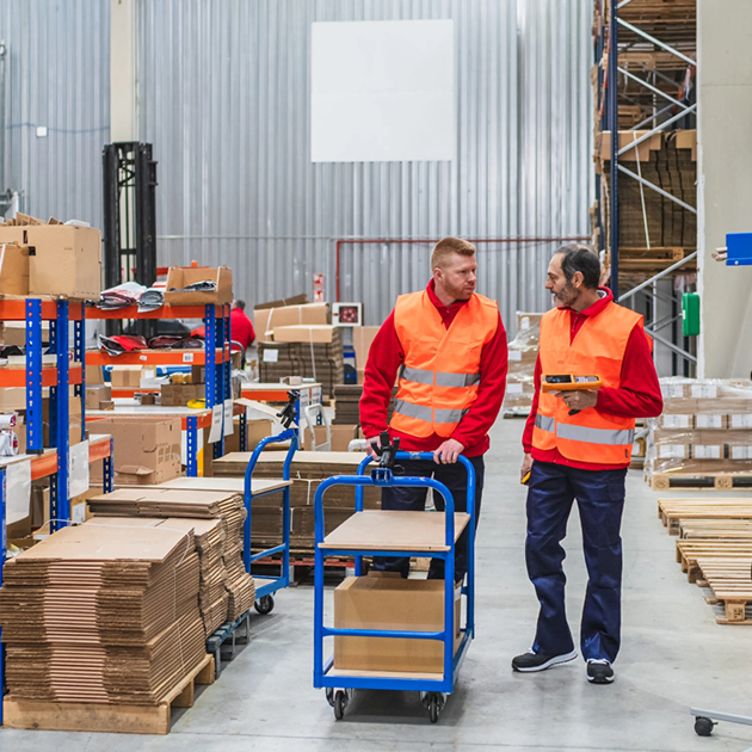 Two men in conversation while pushing a trolley through a warehouse.