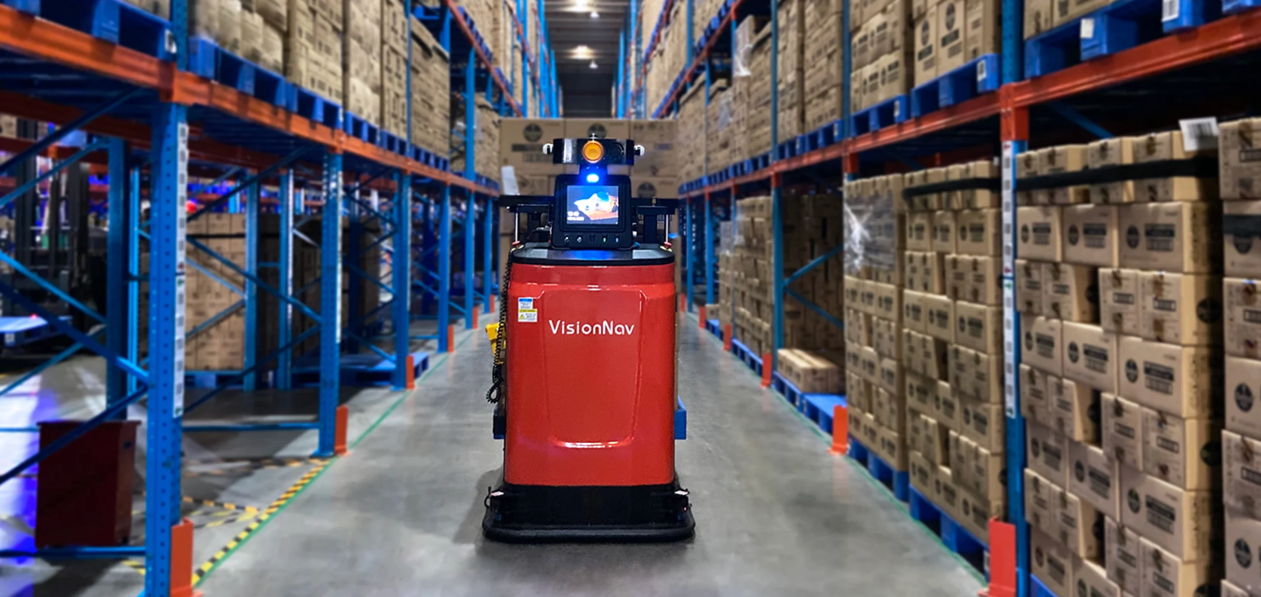 A VisionNav automated forklift in a warehouse.