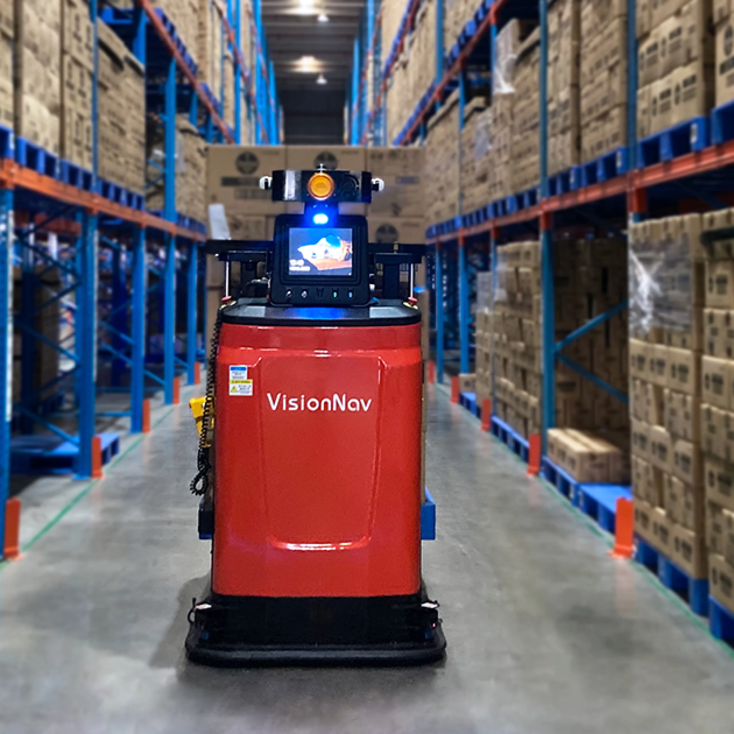 A VisionNav automated forklift in a warehouse.